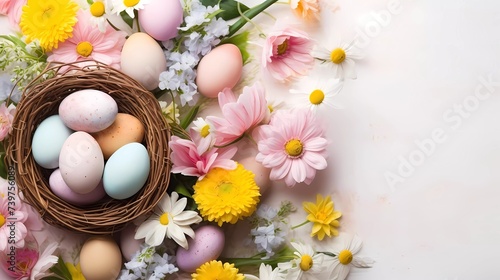 Easter poster and banner template with Easter eggs in decorated basket nest and spring flowers background. Greetings and presents for Easter Day. Promotion and shopping template for Easter