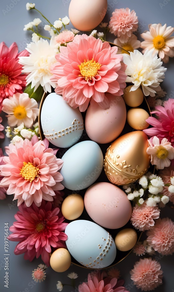 Easter poster and banner template with Easter eggs in decorated basket nest and spring flowers background. Greetings and presents for Easter Day. Promotion and shopping template for Easter Easter poster and banner template with Easter eggs in decorated basket nest and spring flowers background. Greetings and presents for Easter Day. Promotion and shopping template for Easter