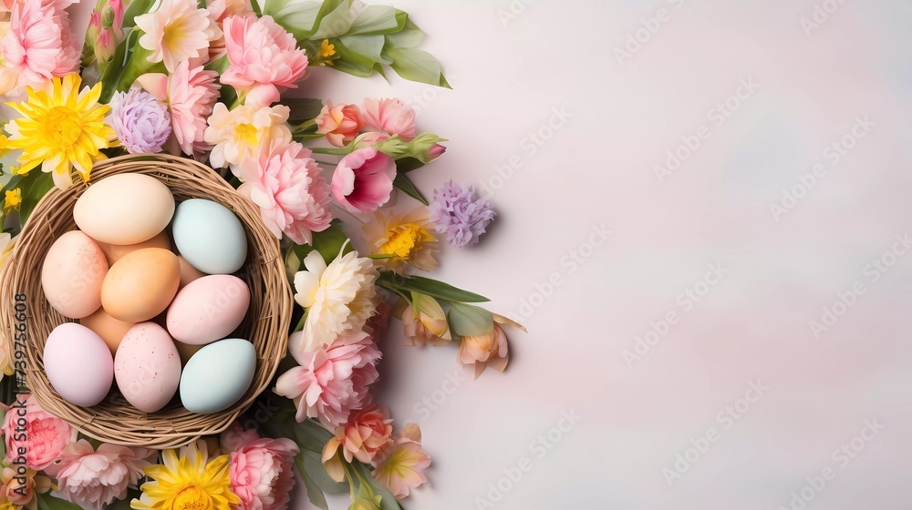 Easter poster and banner template with Easter eggs in decorated basket nest and spring flowers background. Greetings and presents for Easter Day. Promotion and shopping template for Easter
