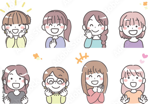 喜ぶ若い女性のイラスト セット 1
