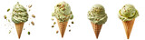A set of green tea ice cream cones, isolated on a transparent background.