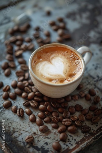 Cup of coffee with heart-shaped crema and coffee beans