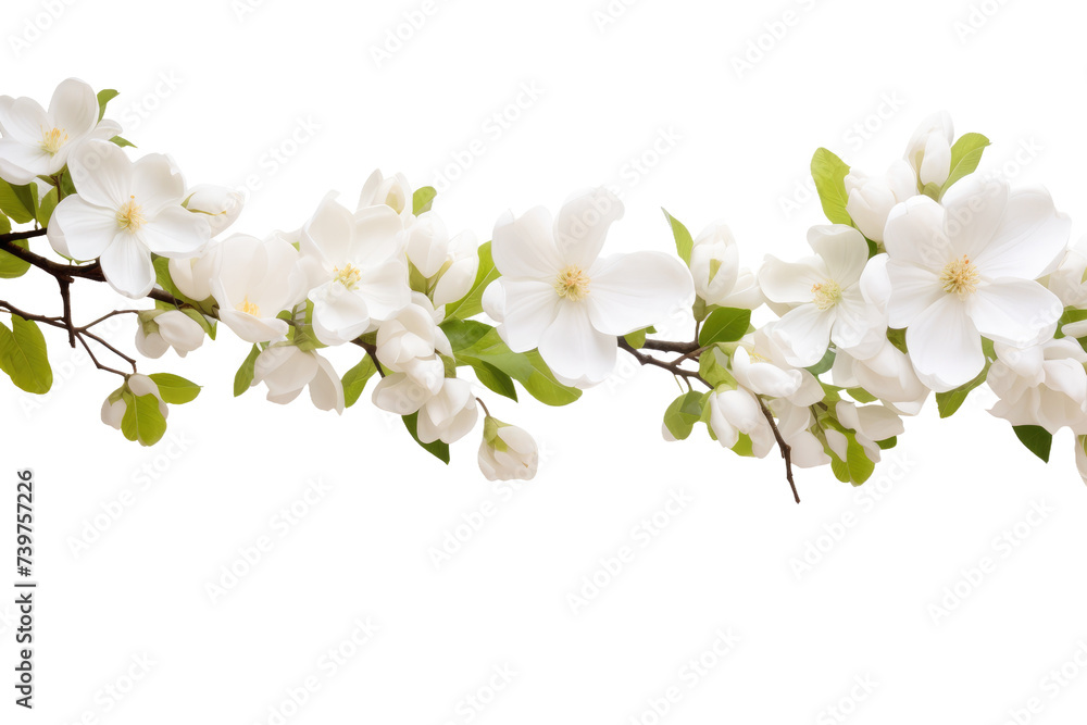 Obraz premium A close up photograph of a branch displaying its white flowers and lush green leaves. on a White or Clear Surface PNG Transparent Background.