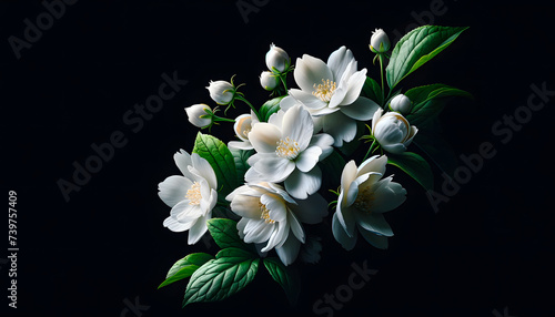 A jasmine branch with blooming white flowers isolated on a black background, minimal Springtime beauty concept