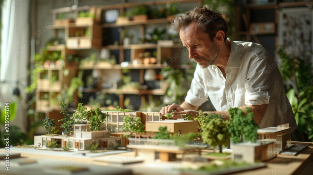Concentrated male architect examining a detailed architectural model with sustainable design elements in a sunlit studio. Concentrated male architect examining a detailed architectural model with sustainable design elements in a sunlit studio.