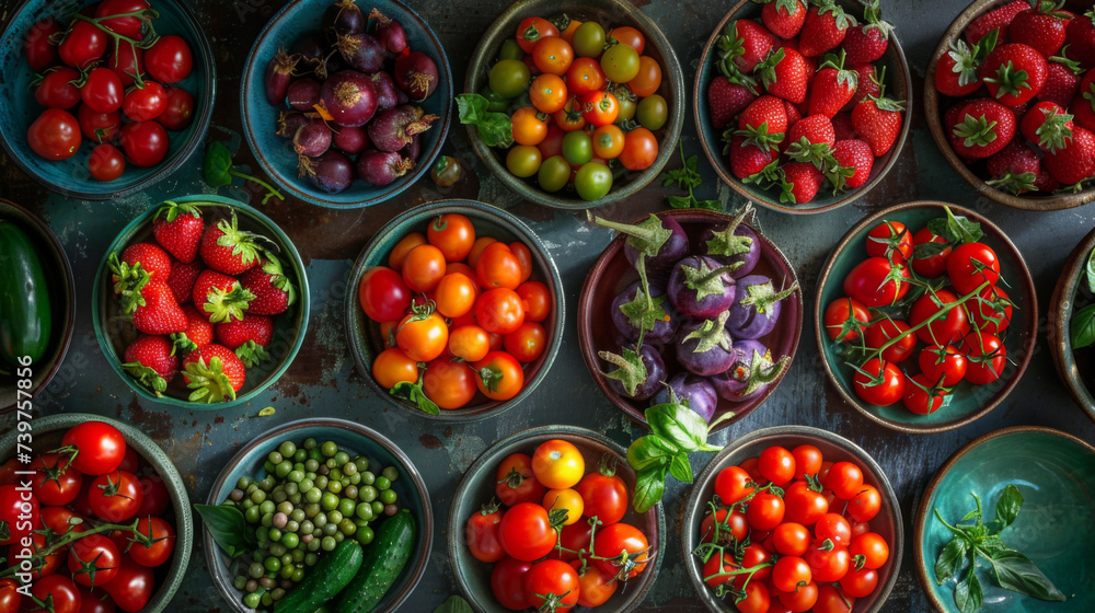 An array of colorful fruits and vegetables neatly arranged in bowls, showcasing the diversity and freshness of produce. An array of colorful fruits and vegetables neatly arranged in bowls, showcasing the diversity and freshness of produce.