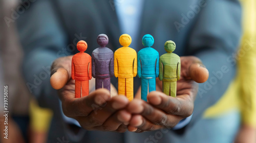 Two hands present a row of colorful wooden figures symbolizing diversity and inclusion in the workplace or community.
