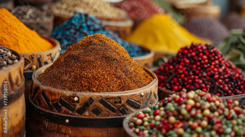 Heaps of colorful exotic spices in intricately carved wooden bowls, offering a feast for the senses at a spice market.