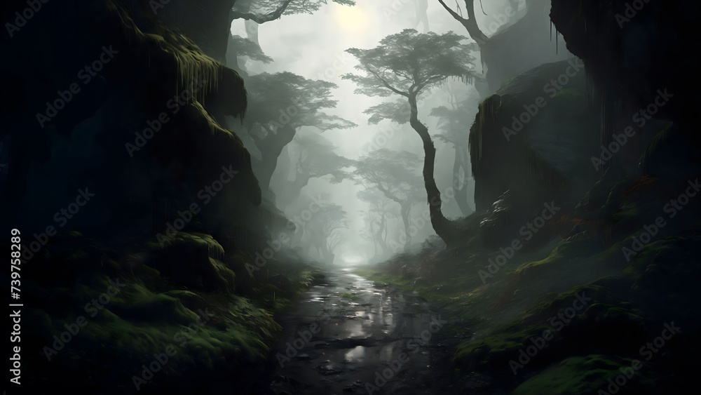 Fantasy landscape with a path in a dark forest. Generative AI. Fantasy landscape with a path in a dark forest. Generative AI.