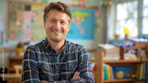 A cheerful male teacher with crossed arms stands confidently in a vibrant classroom setting, filled with educational materials. © AI Art Factory