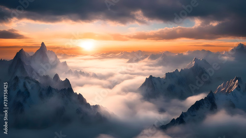 Beautiful panoramic view of the mountains in the clouds at sunset. Generative AI. © Sergey
