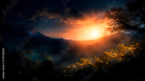Sunset in the mountains with trees and fog. Generative AI. © Sergey