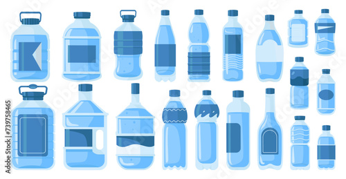 Water plastic bottles. Mineral bottled drinks with empty labels. Transparent containers with screw on lids. Clear aqua delivery. Package shapes. Refreshing beverage. Recent vector set