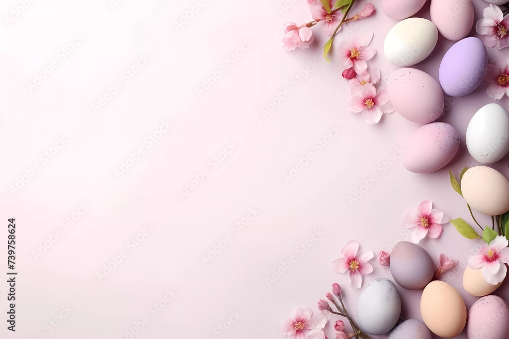Easter poster and banner template with Easter eggs and spring flowers on flat background. Copy space for text banner. Greetings and presents for Easter Day. Promotion and shopping template for Easter