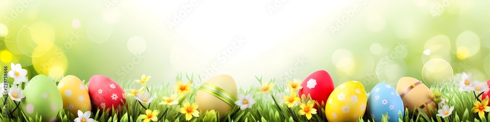 Easter poster and banner template with Easter eggs and spring flowers on flat background. Copy space for text banner. Greetings and presents for Easter Day. Promotion and shopping template for Easter Easter poster and banner template with Easter eggs and spring flowers on flat background. Copy space for text banner. Greetings and presents for Easter Day. Promotion and shopping template for Easter