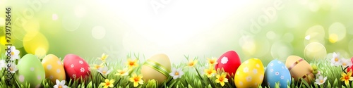 Easter poster and banner template with Easter eggs and spring flowers on flat background. Copy space for text banner. Greetings and presents for Easter Day. Promotion and shopping template for Easter