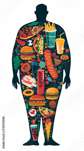 inside the silhouette of an overweight man there are Burgers, fries, pizza slices, soda cups, ice cream cones, donuts, hot dogs, fried chicken pieces, nachos, tacos © Дмитрий Симаков