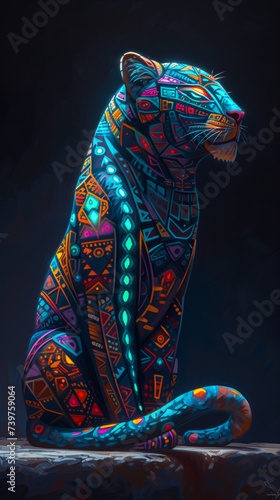 a colorful leon, painted with colorful geometric patterns, is painted on dark background, in the style of luminous