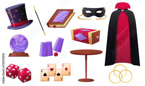 Magician accessories. Cartoon wizard items. Tools for magic tricks. Professional illusionist equipment. Magical show hat. Performer costume mantle. Stage performance elements vector set