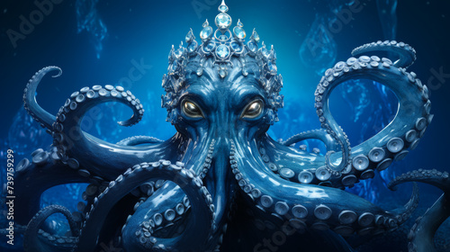 Envision a chic octopus in a sequined evening gown, adorned with pearl bracelets and a crystal tiara. Against a backdrop of deep ocean hues, it exudes underwater glamour and sophistication. Mood: eleg © Дмитрий Симаков