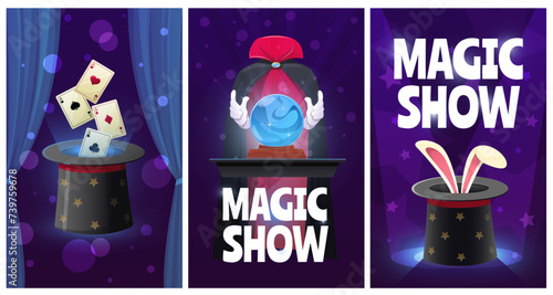 Magician accessories cards. Illusionists show invitation. Illusion tricks with top hat or magic wand. Fortune telling by Oracle crystal ball. Rabbit ears in cap. Vector circus banners set