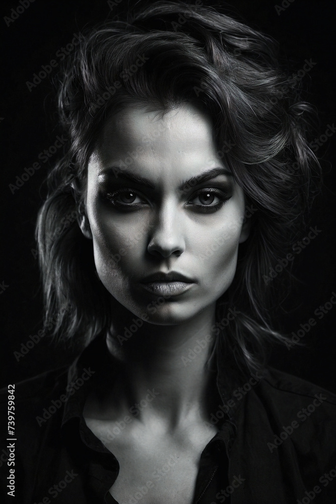 Close up photo of a female model with messy hair with a monochrome effect Close up photo of a female model with messy hair with a monochrome effect