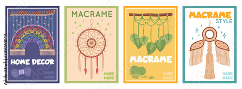 Macrame posters. Boho home decor. Braided rope ornaments. Dream catcher hanging on wall. Scandinavian patterns. Handmade goods. Knots and tassels. Cozy decorations. Recent vector set