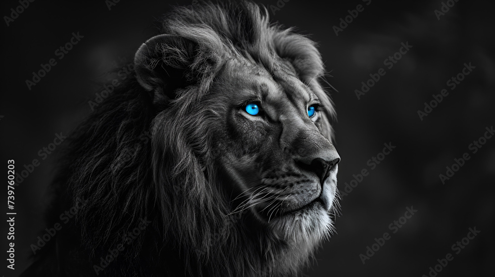 lion in black and white with blue eyes copy space, generative ai