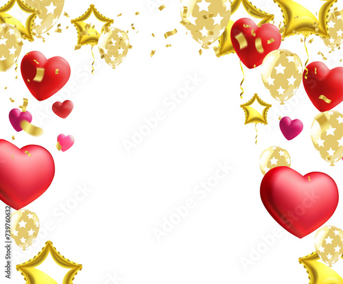 Red foil air balloons set. Collection of different bunch of heart shaped balloons. Party compositions