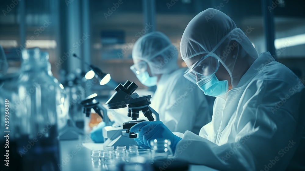 Conducting laboratory research, scientists delve into understanding COVID, examining its virology, transmission, and potential treatments to inform public health strategies.
 - obrazy, fototapety, plakaty 