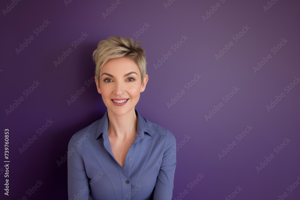 Executive woman in blue blouse with short blonde hair looking at camera against a purple background Executive woman in blue blouse with short blonde hair looking at camera against a purple background