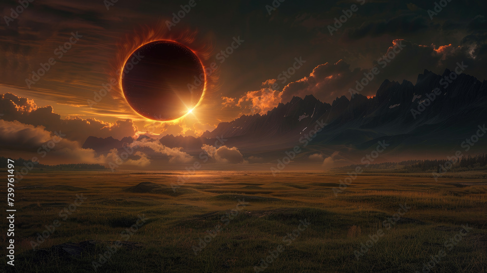 A total solar eclipse occurred over a vast grassland, the moon completely covered the sun so the sky was pitch black, Ai generated Images - obrazy, fototapety, plakaty 