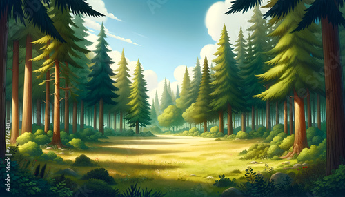 Vibrant and colorful illustration of a serene pine forest clearing, evoking classic fable settings.
Generative AI.