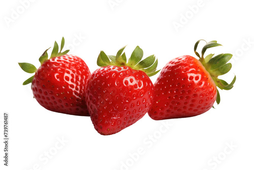 Three Strawberries With Green Leaves on a White Background. on a White or Clear Surface PNG Transparent Background.