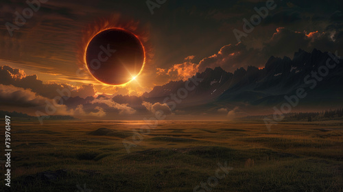 A total solar eclipse occurred over a vast grassland, the moon completely covered the sun so the sky was pitch black, Ai generated Images photo