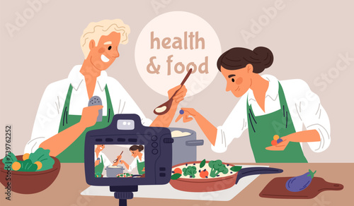 Food bloggers film cooking process. Happy people cook soup. Chefs preparing salad on camera. Professional channel management. Record video. Show recipe tutorial. Garish vector concept