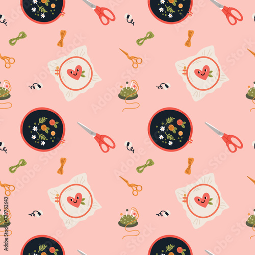 Cartoon embroidery in round hoop seamless pattern. Handmade crafts. Thread stitches. Scissors or needles. Sewing tools. Needlework artisan. Repeated print. Garish vector background