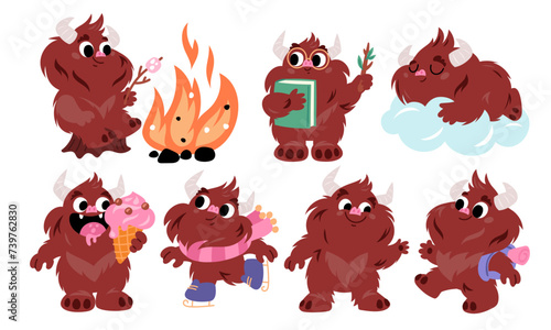 Cartoon bigfoot character. Funny mythical creature. Brown furry monster in different poses and situations. Sasquatch sleeping and eating ice cream. Yeti with bonfire. Garish vector set