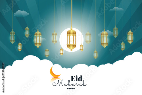 Eid Mubarak wishes or greeting post or banner design with white and teal color background or golden lantern social media wishing post , banner, design vector illustration