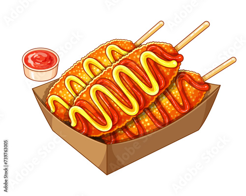 Korean corn dog sausage recipe illustration vector. Korean street food corn dog menu. Mozzarella cheese corn dog recipe korean street food. Korean corndog cheese stick. Deep fried cheese corndog menu.