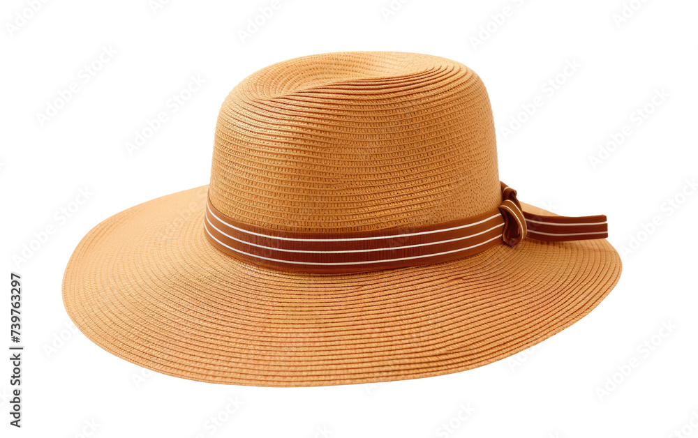 A close up photo of a tan hat with a brown ribbon neatly wrapped around its brim. on a White or Clear Surface PNG Transparent Background.