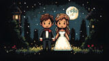 Wedding invitation illustration, Cute groom-bride character, flat design style minimal vector illustration, night view, ai generative