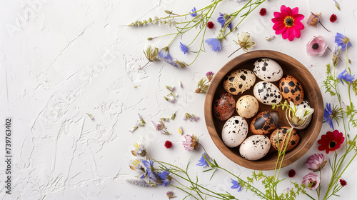 Quail eggs in a wooden bowl with wildflowers on a white background