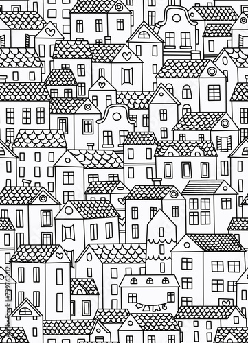 A black and white hand-drawn drawing of residential buildings located close to each other . Seamless pattern.