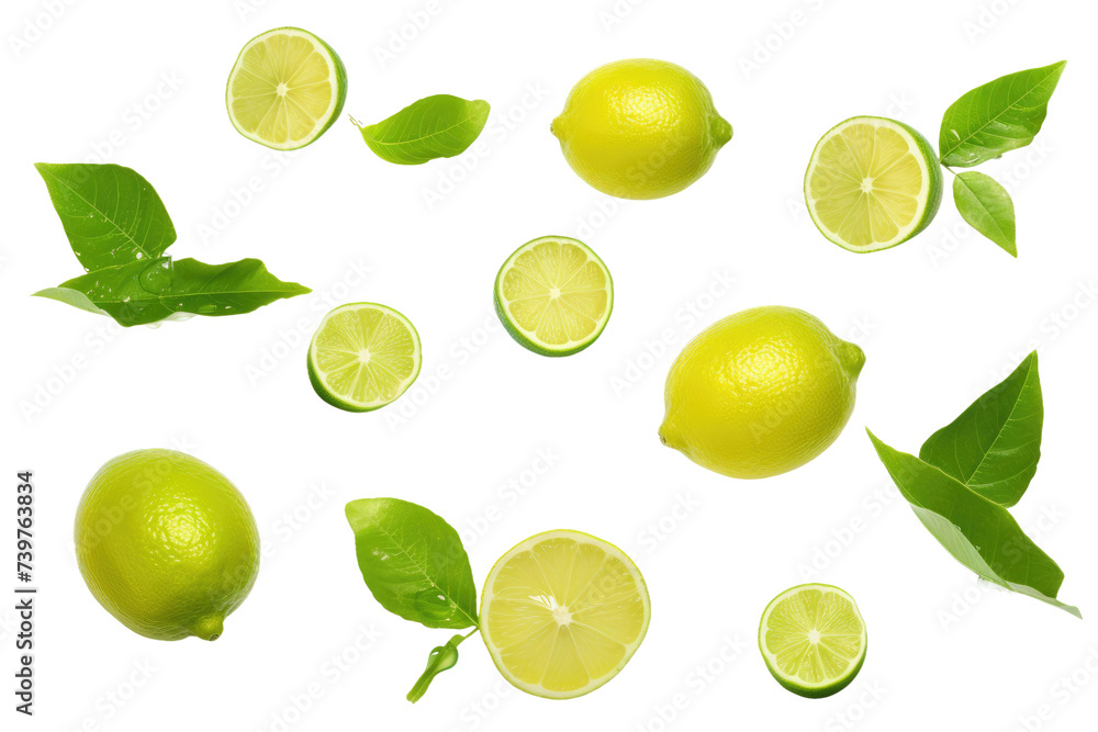 A photo of multiple lemons with bright yellow fruit and green leaves arranged together on a White or Clear Surface PNG Transparent Background. A photo of multiple lemons with bright yellow fruit and green leaves arranged together on a White or Clear Surface PNG Transparent Background.