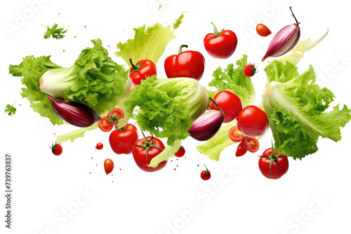 Lettuce, tomatoes, and assorted vegetables gracefully falling through the air. on a White or Clear Surface PNG Transparent Background.