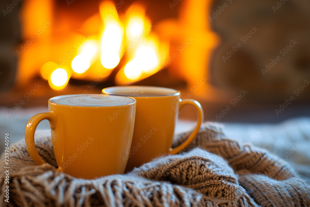 Two mugs of hot drinks by the fireplace, coffee, hot chocolate, tea, cosy winter day Two mugs of hot drinks by the fireplace, coffee, hot chocolate, tea, cosy winter day