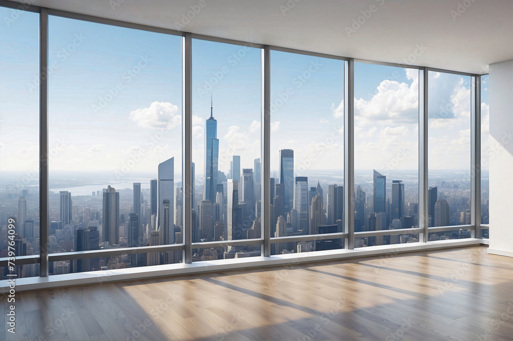 Interior skyscrapers view cityscape mockup of a blank room with a white wall during the day. Skyline view from a high-rise window. A gorgeous real estate with a view. Interior skyscrapers view cityscape mockup of a blank room with a white wall during the day. Skyline view from a high-rise window. A gorgeous real estate with a view.