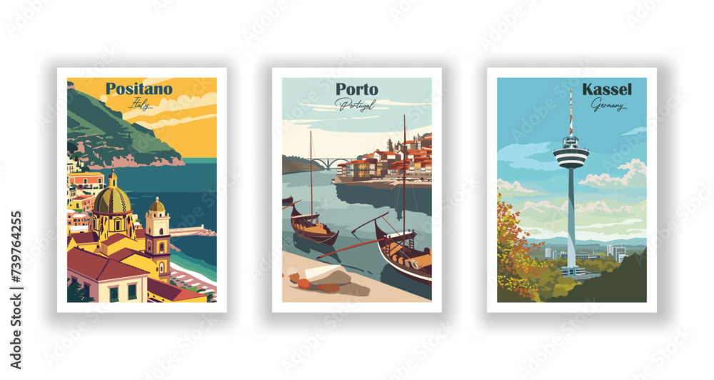 Kassel, Germany. Porto, Portugal. Positano, Italy  - Vintage travel poster. High quality prints