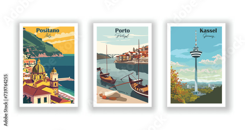 Kassel, Germany. Porto, Portugal. Positano, Italy - Vintage travel poster. High quality prints